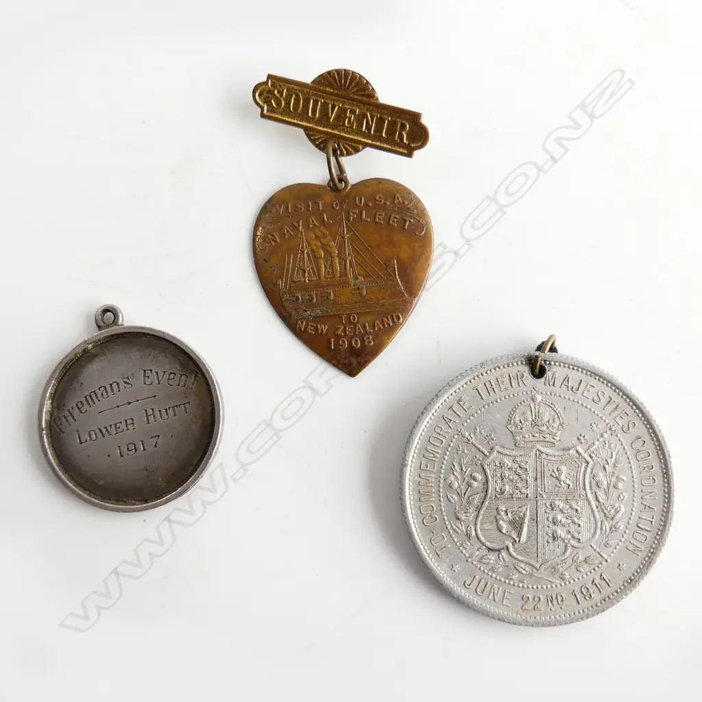 3 OLD MEDALLIONS: 'VISIT OF US NAVAL FLEET' + silver 'FIREMAN'S EVENT' + aluminum 1911 Coronation   Image 1++