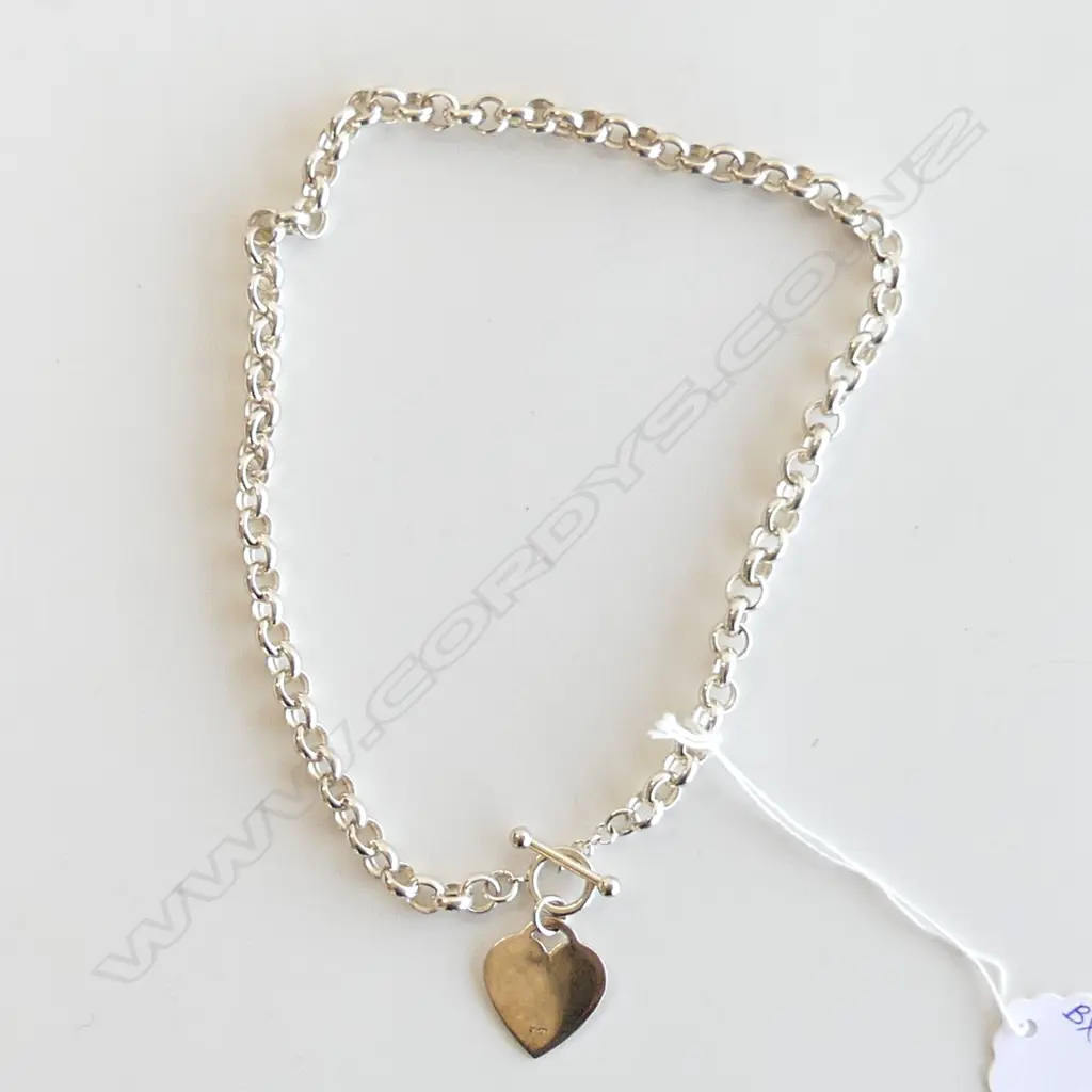 SILVER NECKLACE WITH HEART CHARM & FOB, MARKED SILVER, 33.70gms Image 1++