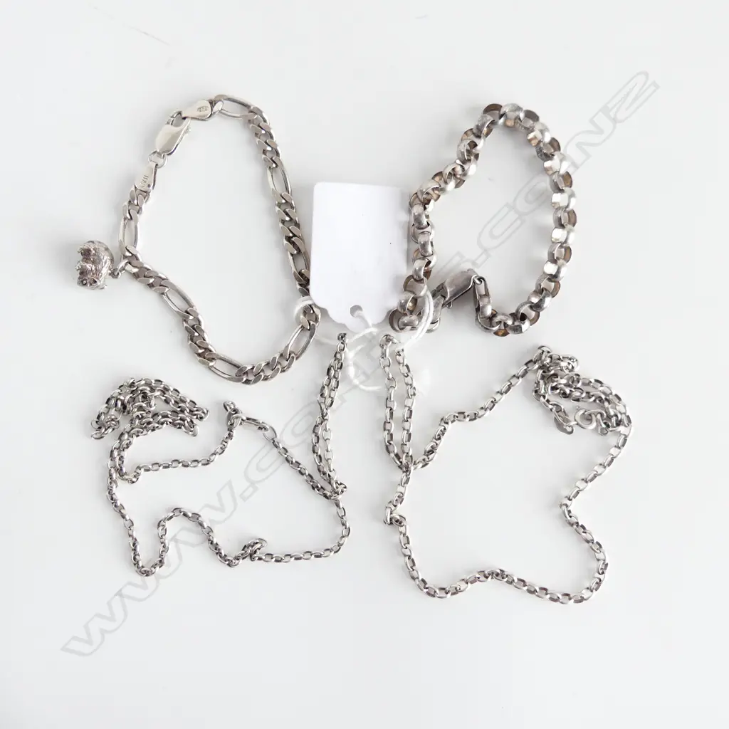 SILVER JEWELLERY: 2 CHAINS + 2 BRACELETS 37gms Image 1++