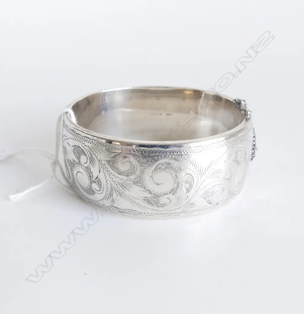 WIDE SILVER HALF ENGRAVED BANGLE dent to back 41gms Image 1++