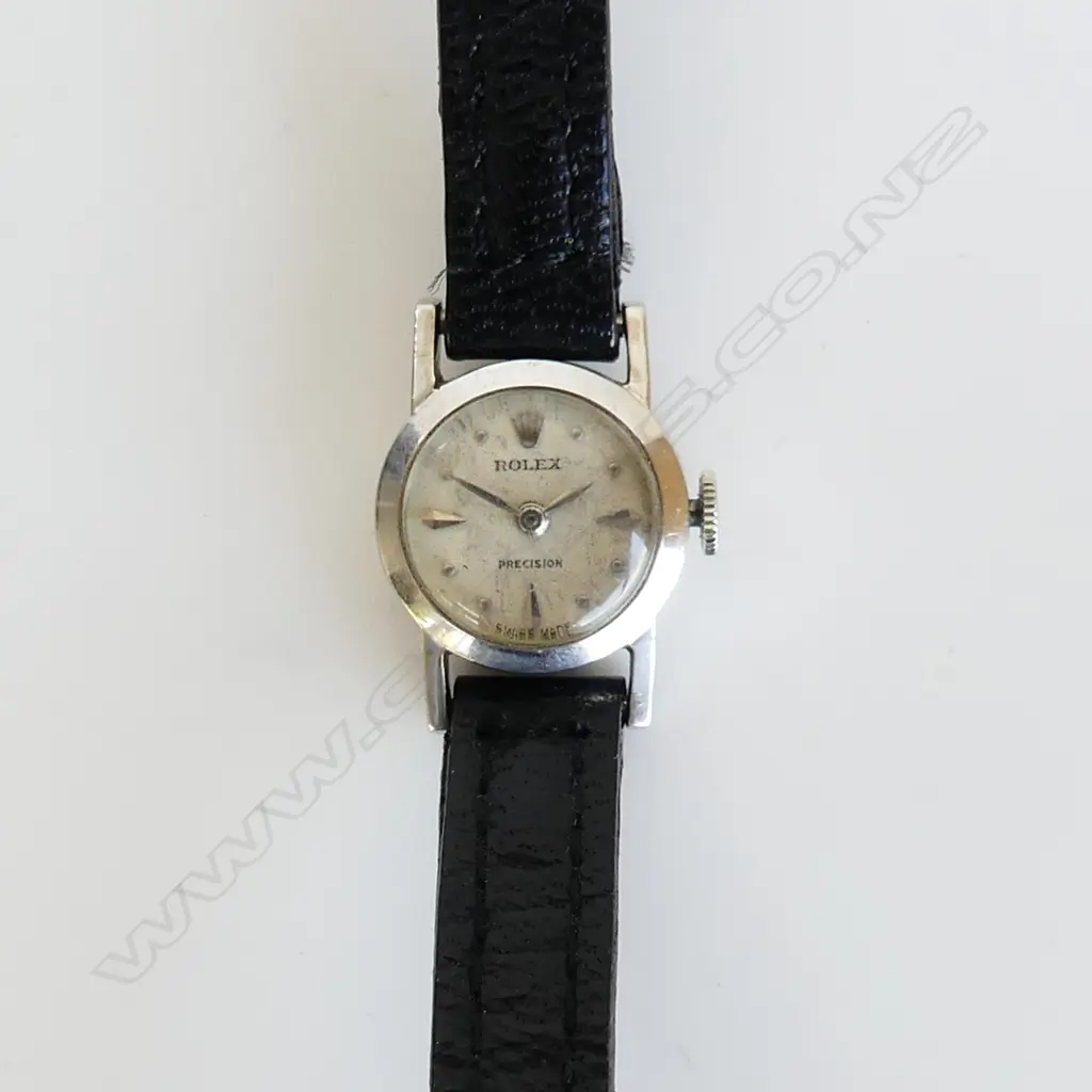 LADIES SM ROLEX 18CT WHITE GOLD 'PRECISION' WATCH, BLACK LEATHER STRAP, WORKING Image 1++