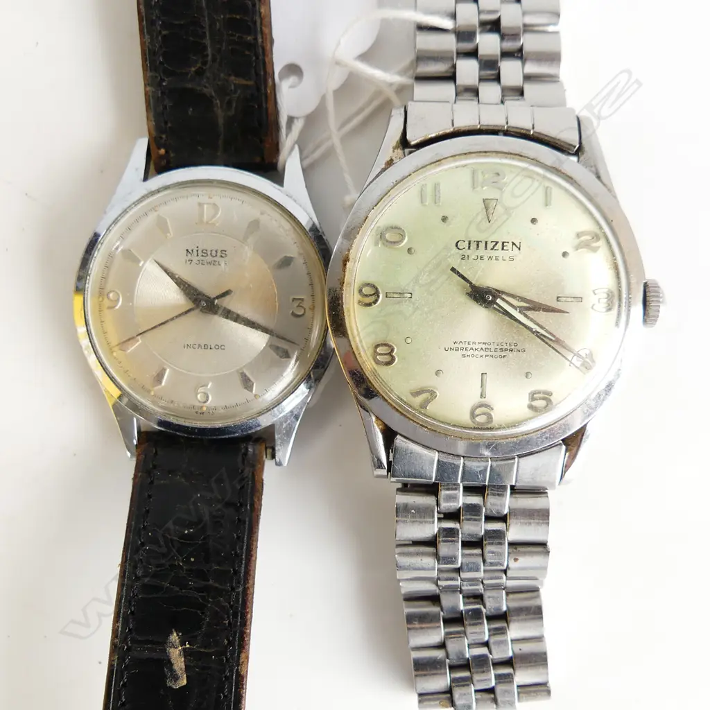 2 GENTS VINTAGE WRIST WATCHES: CITIZEN w 'unbreakable spring'  + NISUS. both running Image 1++