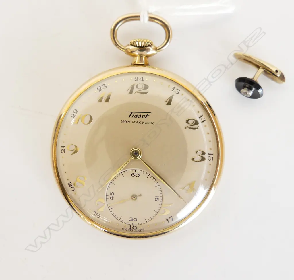 GOLD PLATED TISSOT POCKET WATCH AND ONE DIAMOND SET CUFF LINK Image 1++
