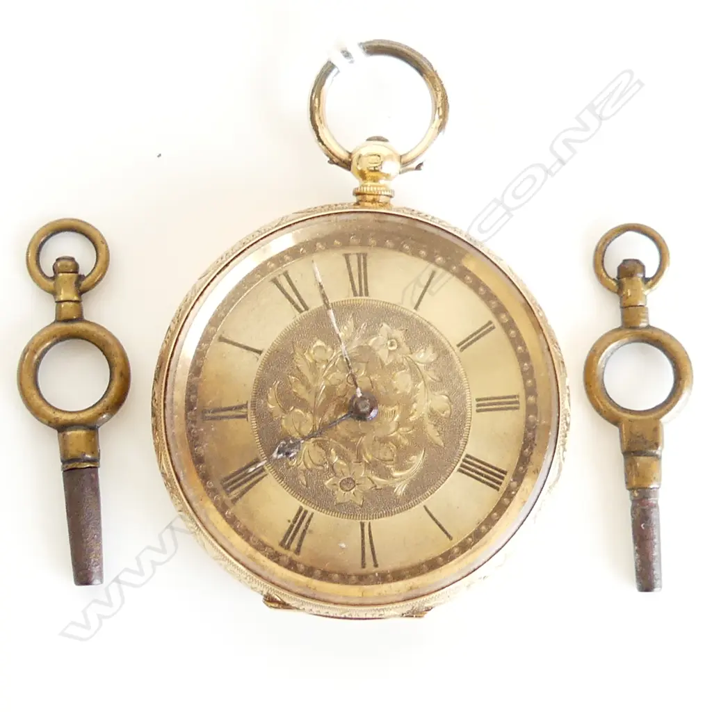 18CT GOLD OPEN FACE ENGRAVED POCKET WATCH 54.75GMS + 2 KEYS Image 1++
