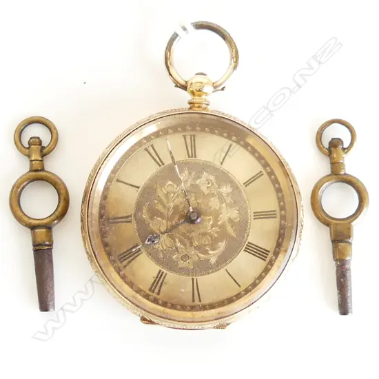 18CT GOLD OPEN FACE ENGRAVED POCKET WATCH 54.75GMS + 2 KEYS