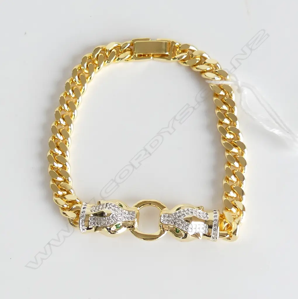 GOLD GILT CUBR LINK CHAN BRACELET WITH DOUBLE PANTHER HEADS Image 1++
