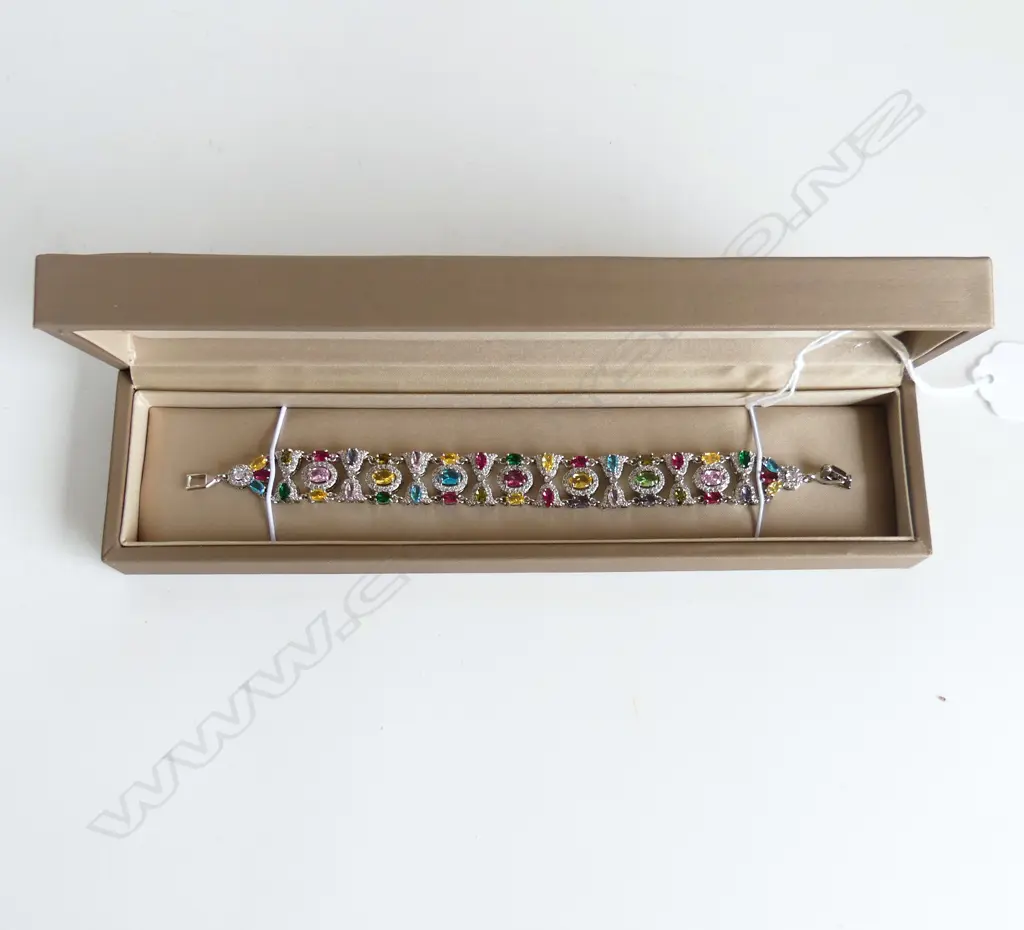 MULTI GEM SET SILVER PLATED COSTUME JEWELLERY BRACELET, BOXED Image 1++