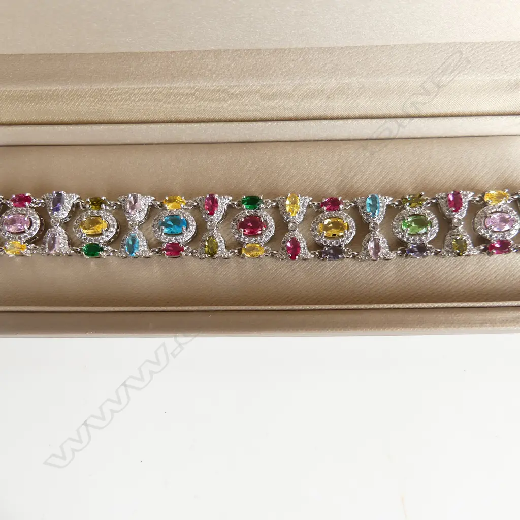 MULTI GEM SET SILVER PLATED COSTUME JEWELLERY BRACELET, BOXED Image 1++