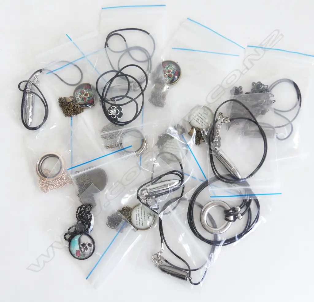 2 GLASS CHARM NECKLACES + 7 BRASS & ENAMEL NECKLACES & CHAINS & 9 ASST NECKLACES - BLACK TWINE(NEW IN BAGS FOR RESALE) Image 1++