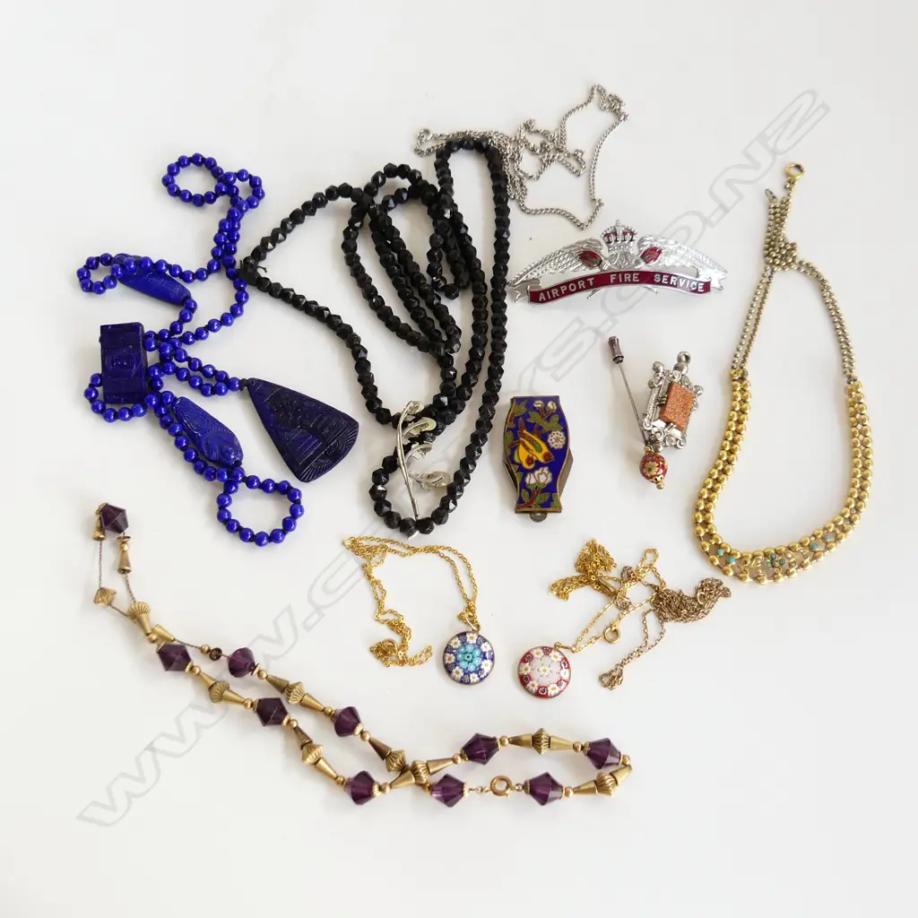 EGYPTIAN GLASS NECKLACE. AIRPORT FIRE SERVICE BADGE. 9CT GOLD BEADS ON BASE METAL /TURQ/SEED PEARLS NECKLACE Image 1++