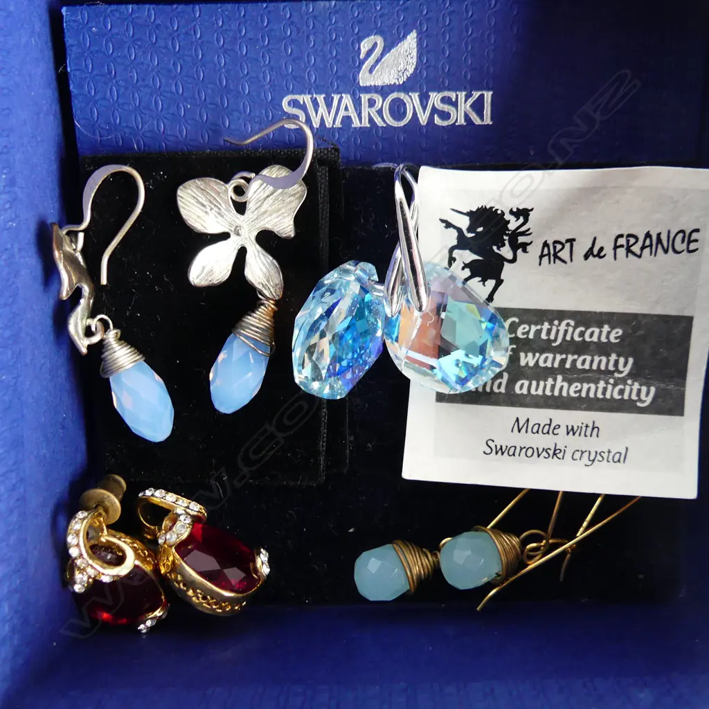 4 PRS DROP EARRINGS, SWAROVSKI CRYSTAL, ART DE FRANCE CRYSTAL & 2 OTHERS (GOLD HOOKS?)  Image 1++