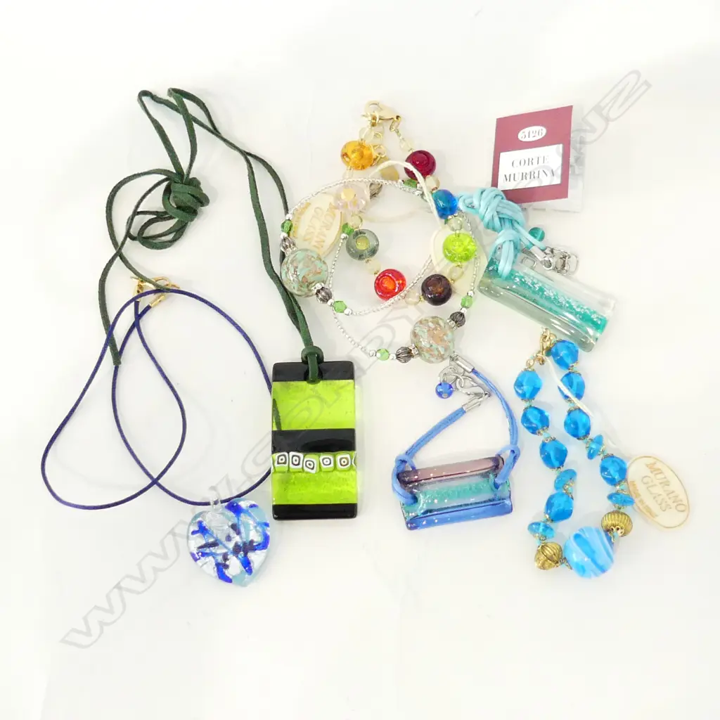 8 PCES MURANO GLASS JEWELLERY; 4 PENDANT NECKLACES, 4 BRACELETS - BLUE / GREEN TONES Image 1++