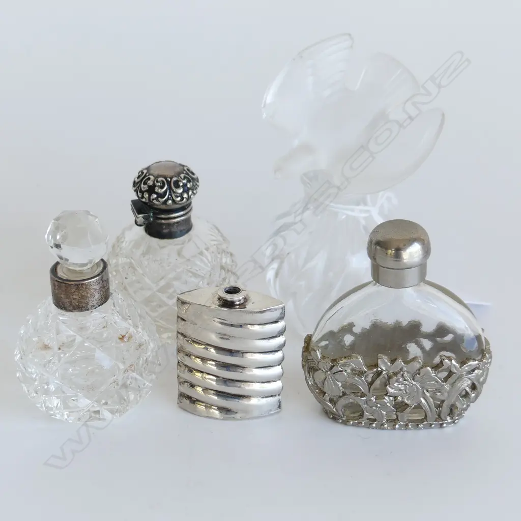 4 ASST CUT GLASS & STG SILVER & EP SCENT BOTTLES + 1 WITH DOVE STOPPER (a/f) (H.90mm) Image 1++