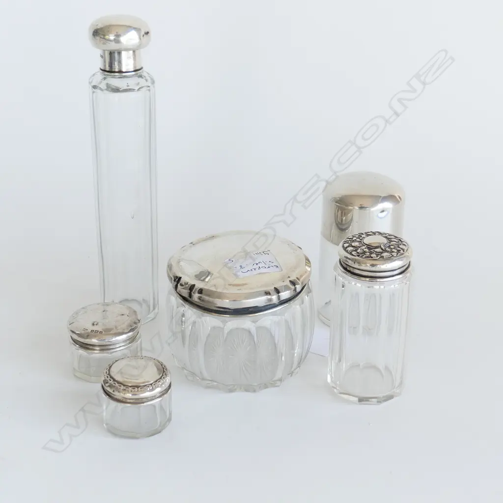 6 ASST VINTAGE STG SILVER LIDDED DRESSING TABLE JARS, INCL 1 EUROPEAN 835 SILVER (dia75mm) Image 1++