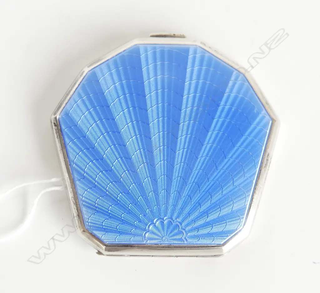 STG SILVER & BLUE GUILLOCHE ENAMEL COMPACT, BIRM.1937, 68GMS Image 1++