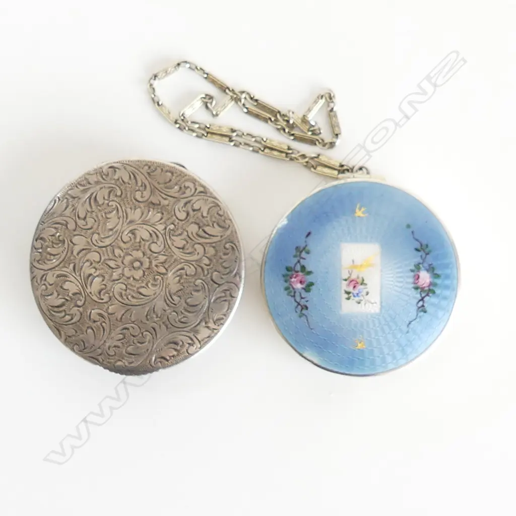 STG SILVER COMPACT WITH MIRROR (DIA 52mm) 50gms + ENAMEL & SILVER POWDER COMPACT WITH CHAIN (DIA 50mm) Image 1++