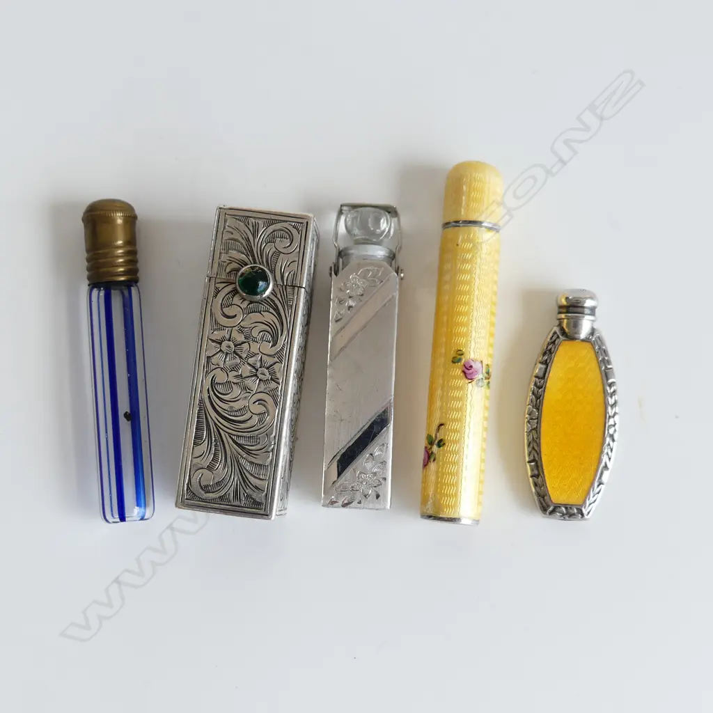 4 MINIATURE SCENT BOTTLES INCL ENAMEL & STG ETC + 800 SILVER LIPSTICK HOLDER Image 1++