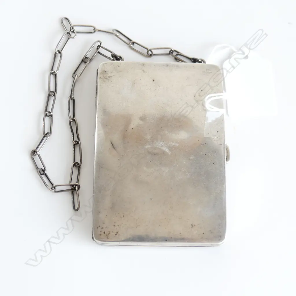 ART DECO EUROPEAN SILVER & LEATHER WALLET & MIRROR WITH CHAIN L. 88mm 89gms Image 1++