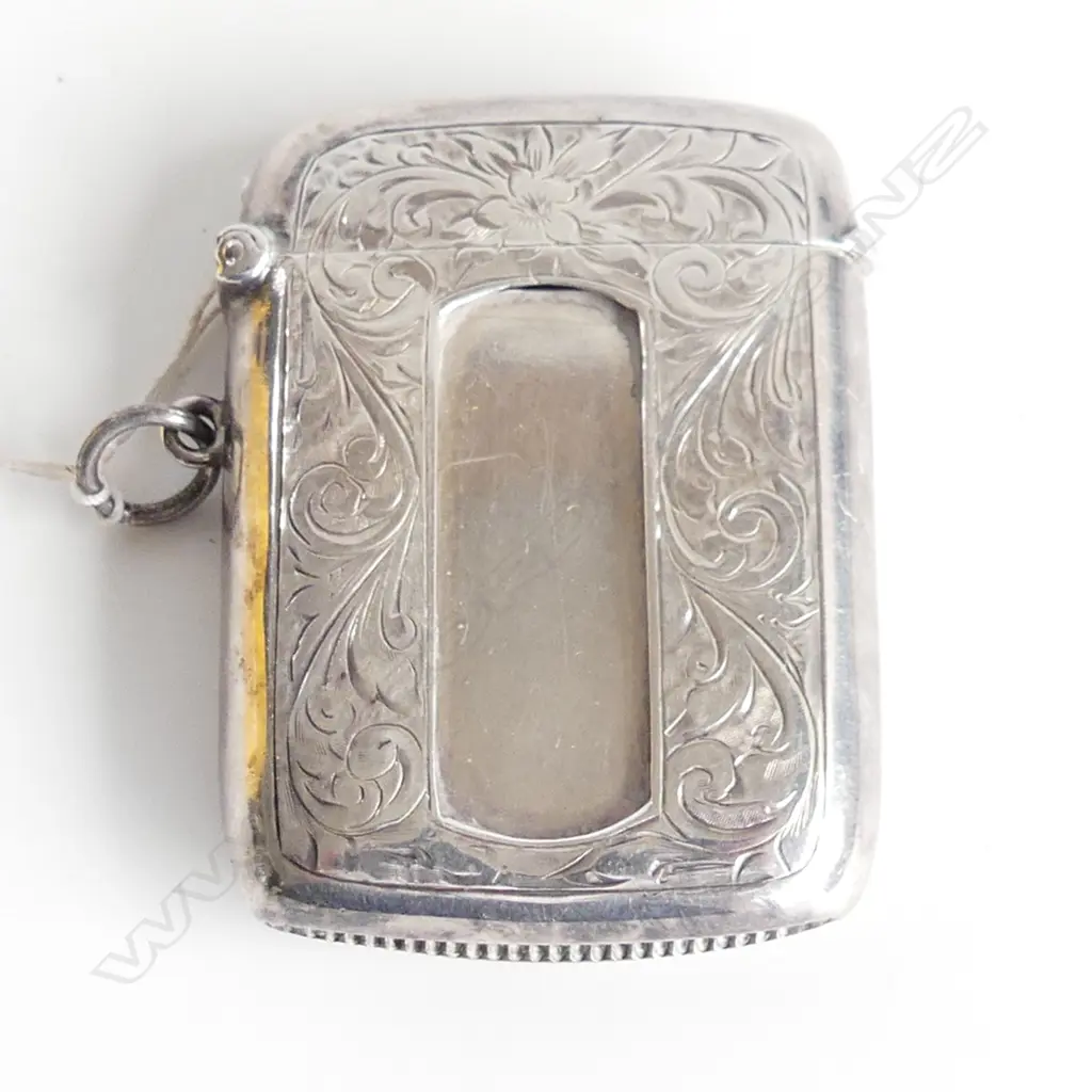 EDWARDIAN LGE SILVER VESTA engraved & with panel for striker Birmingham 1907 36gm Image 1++