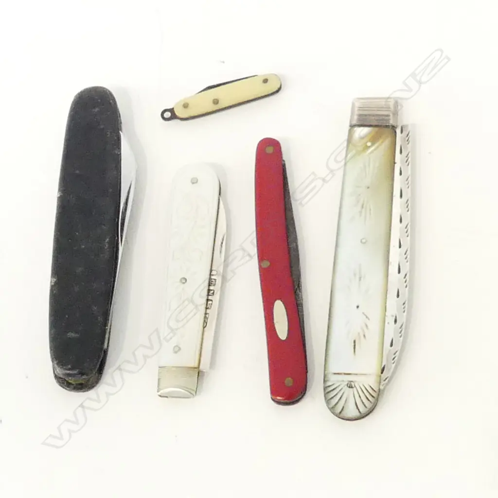 2 VICTORIAN SILVER & MOP POCKET KNIVES & 3 others incl miniature Image 1++