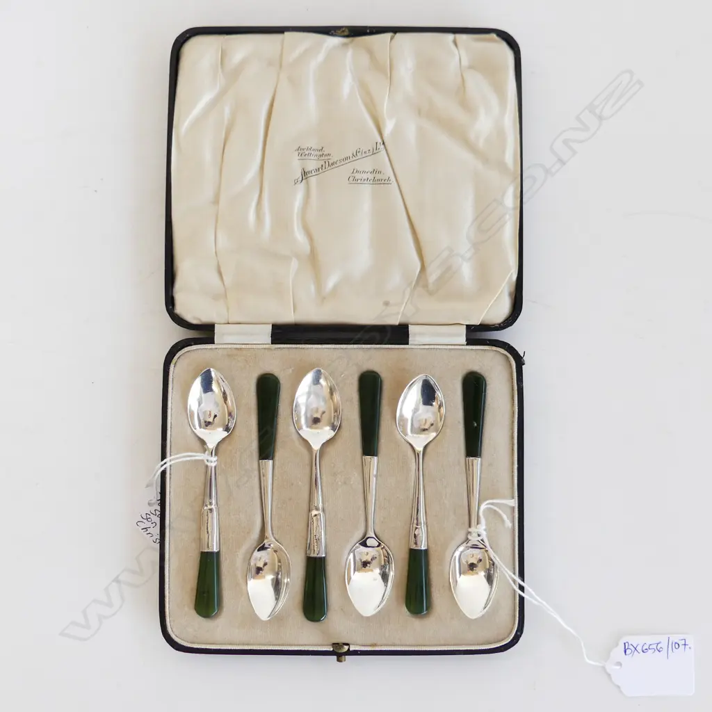 SET OF 6 STERLING SILVER & GREENSTONE TEASPOONS, CASED Image 1++