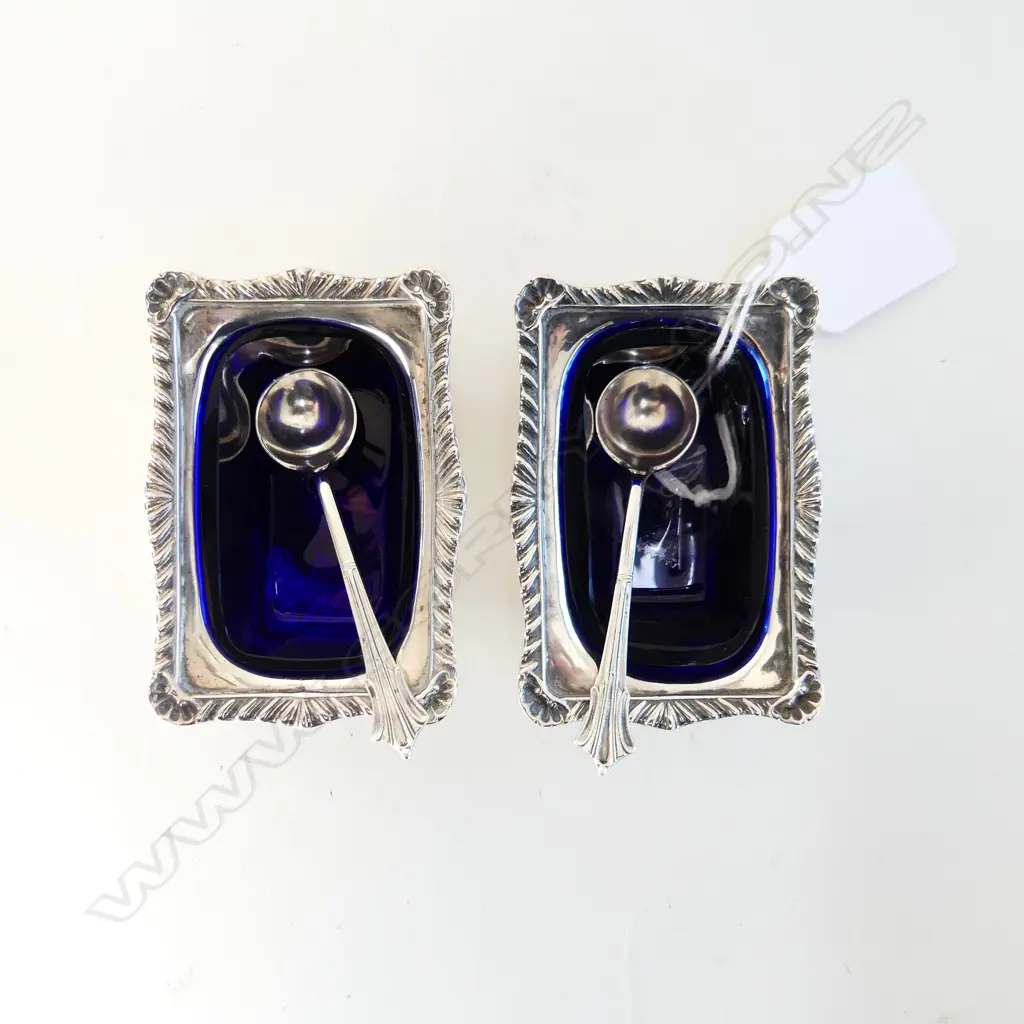 PR BLUE GLASS LINED STG SILVER SALTS WITH SPOONS 104gm silver wgt, BIRM. 1910 Image 1++