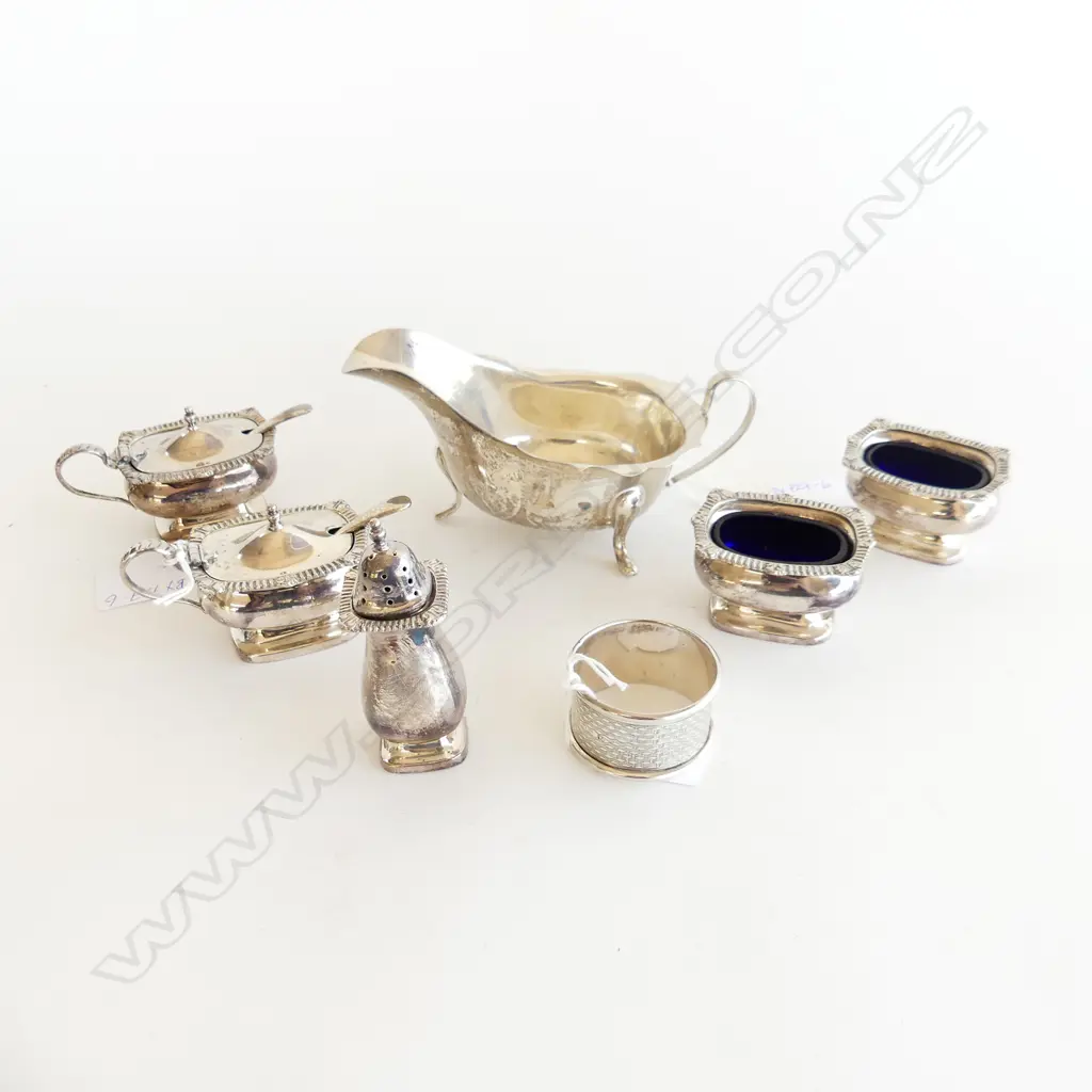 7 ITEMS. 4 PLATED BLUE GLASS LINED CRUETS PEPPER & STERLING SAUCE BOAT ( 63.38 GMS) & SERVIETTE RING ( 12.46GMS) Image 1++