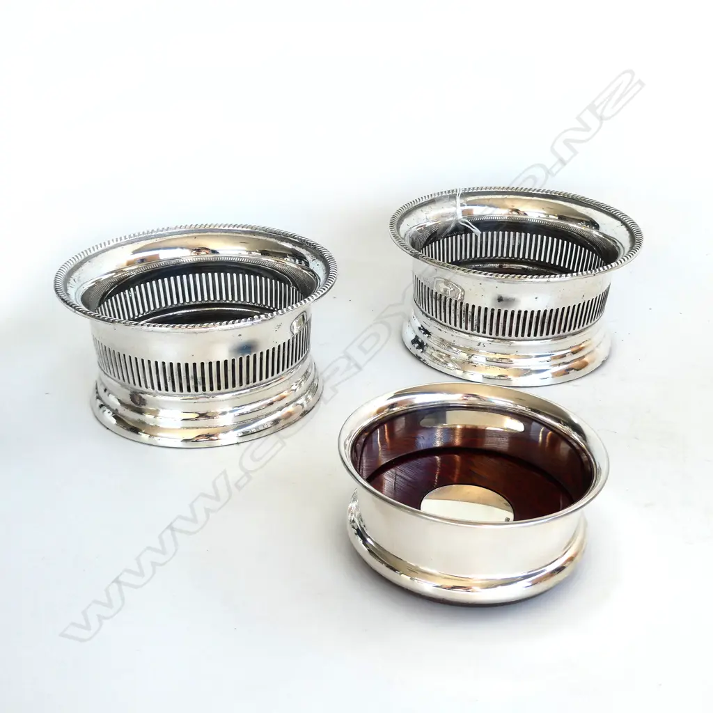 STG SILVER WINE COASTER, WOODEN BASE, LOND. 2004 & PR SILVER PLATE & WOODEN BASE WINE COASTERS Image 1++