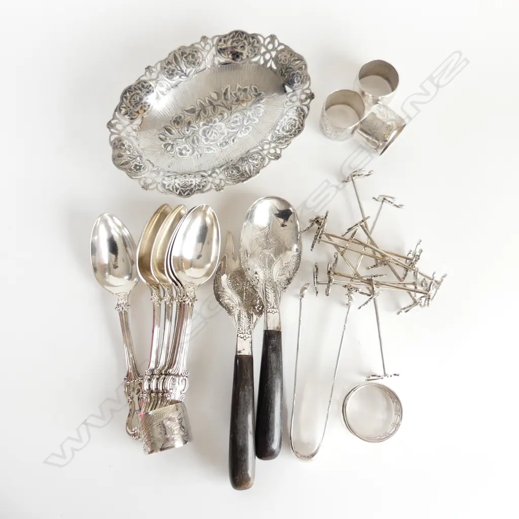 SM BOX ASST SILVER PLATE, THAI SILVER ETC.. INCL KNIFE RESTS, NAPKIN RINGS ETC. Image 1++