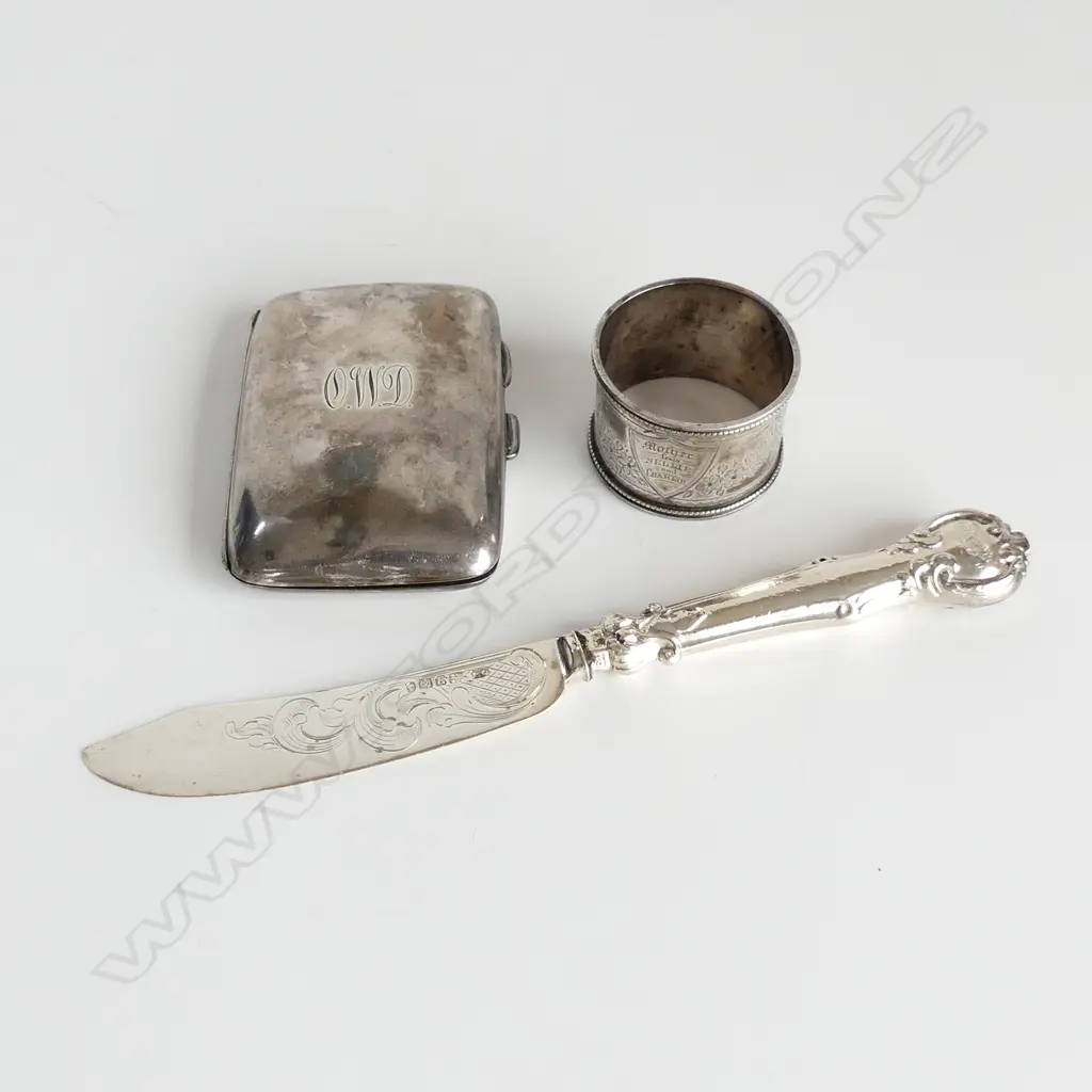 STG SILVER CIGARETTE CASE, NAPKIN RING & BUTTER KNIFE, 97GMS Image 1++