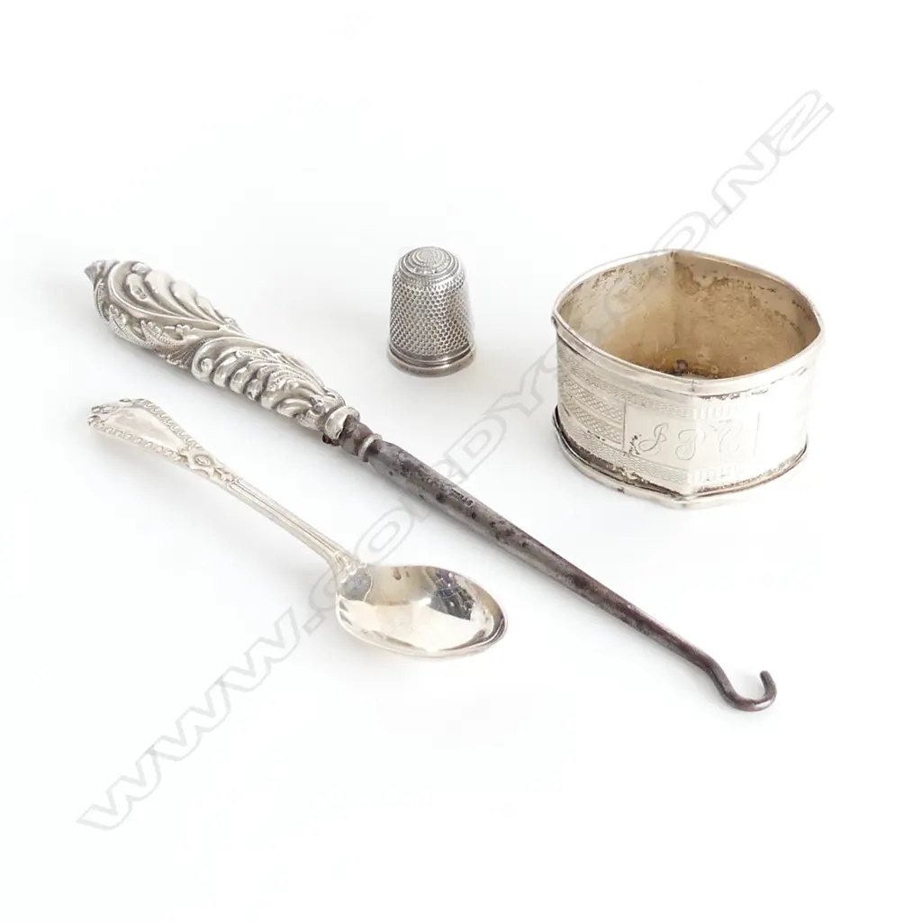 4 PCS ASST STG SILVER; COFFEE SPOON, NAPKIN RING, THIMBLE & BUTTON HOOK Image 1++