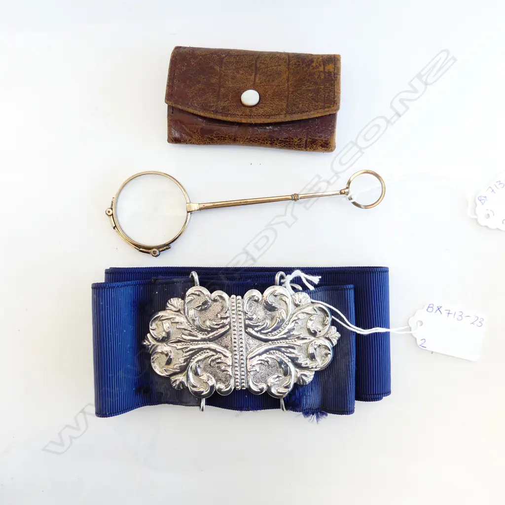 VINTAGE STG SILVER BELT BUCKLE & LORGNETTE WITH LEATHER CASE Image 1++