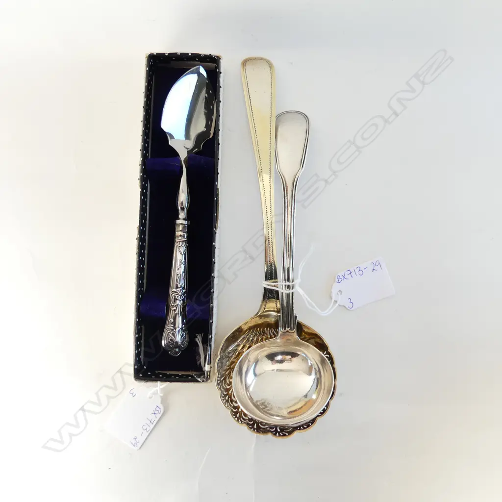 GOLD LINED, EUROPEAN SILVER SUGAR SIFTER SPOON (L215mm) STG SILVER SAUCE LADLE & BOXED SUGAR SPOON 168gms Image 1++