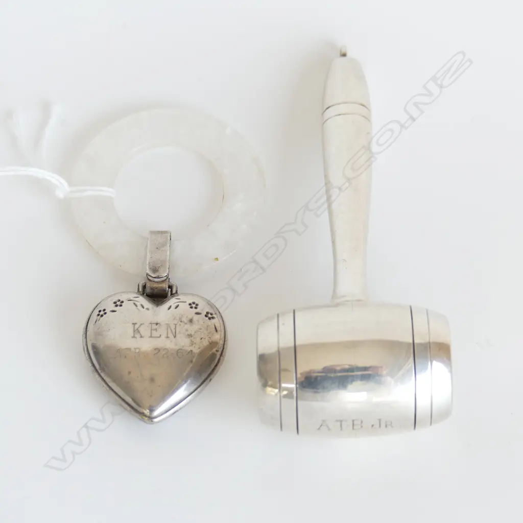 2 VINTAGE BABY RATTLES; LULLABY STG SILVER HEART WITH RING + 1 SILVER PLATED Image 1++