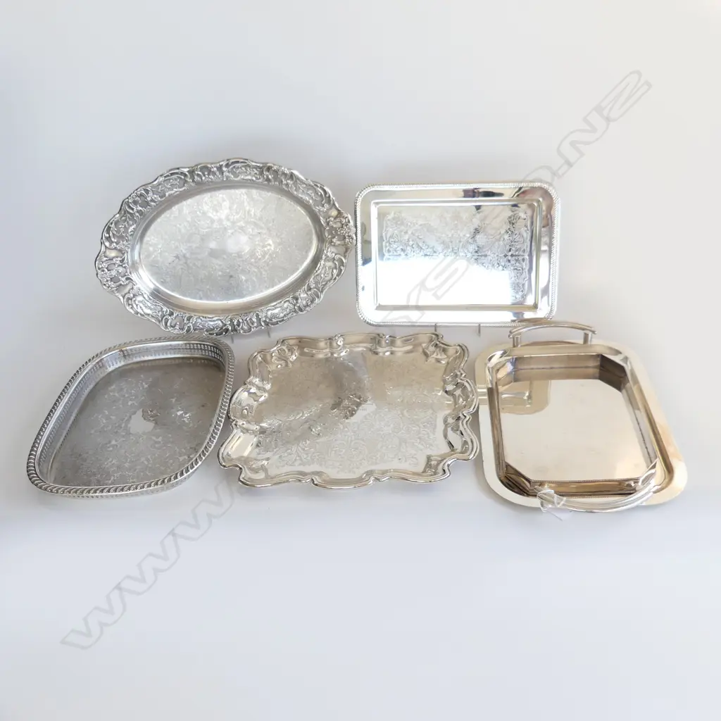 6 ASST SILVER PLATE TRAYS, VARIOUS SIZES, ROUND & RECTANGLE Image 1++