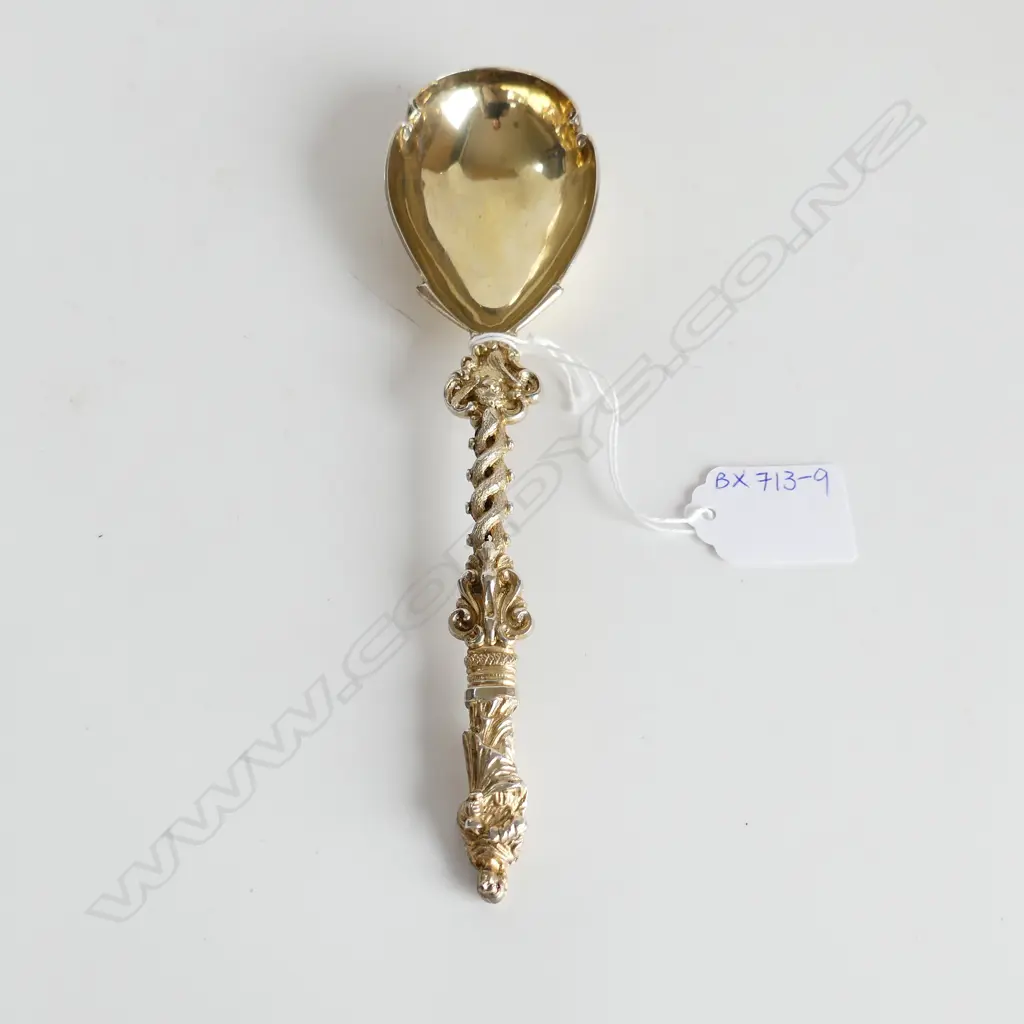 GILT WASHED STG SILVER ORNATE SERVING SPOON L. 200mm, 89gms LOND. 1881 Image 1++