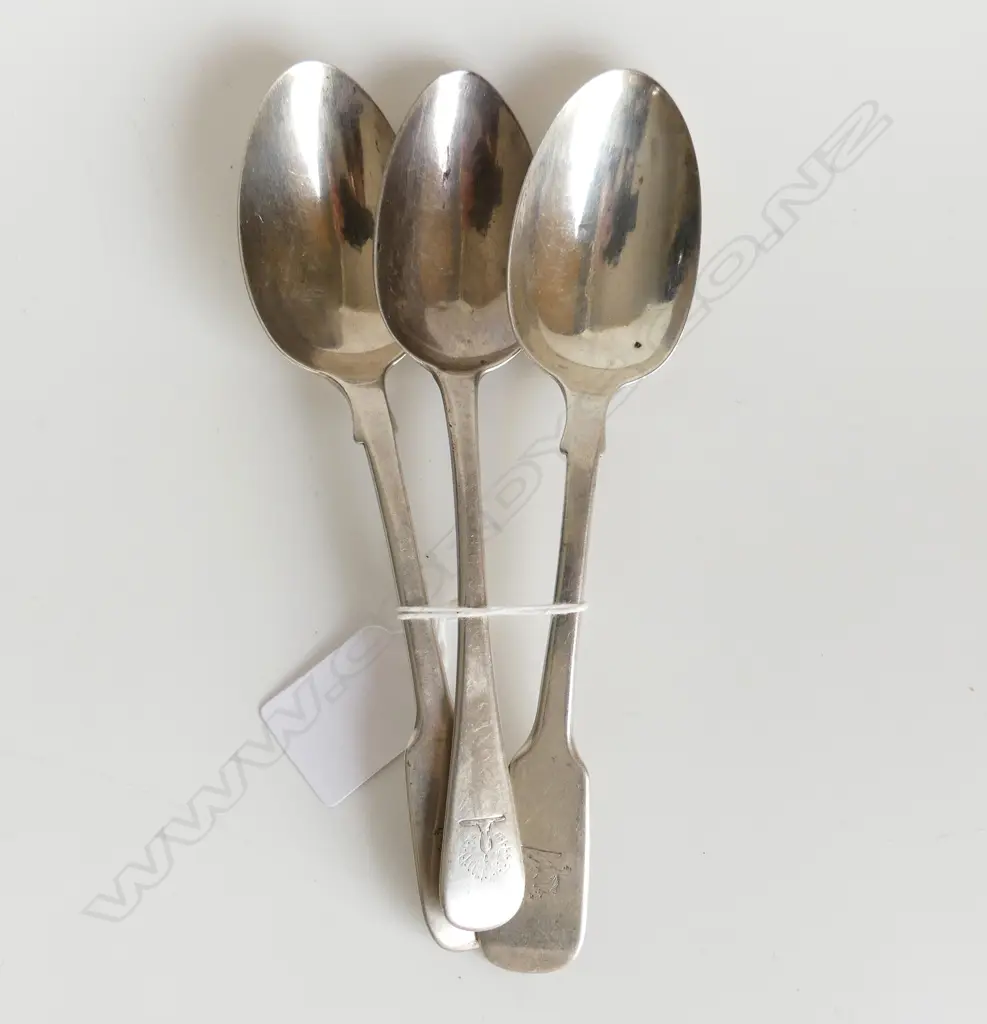 3 ASST STG SILVER DESSERT SPOONS. LOND. 1863 & 1824, 122GMS  Image 1++