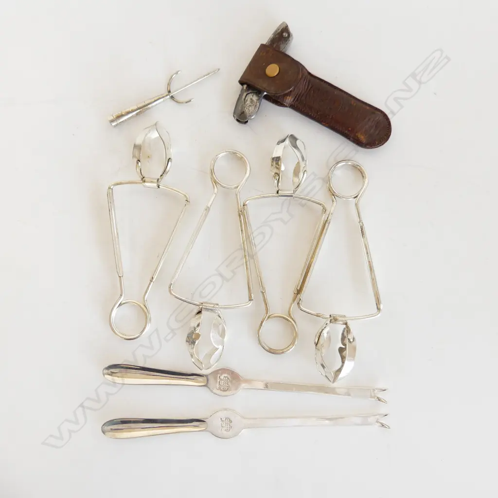 4 FRENCH EP ESCARGOT HOLDERS/2 EP LOBSTER PICKS/'IDEAL CORK DRAWER'/MEXICAN SILVER TRIDENT Image 1++