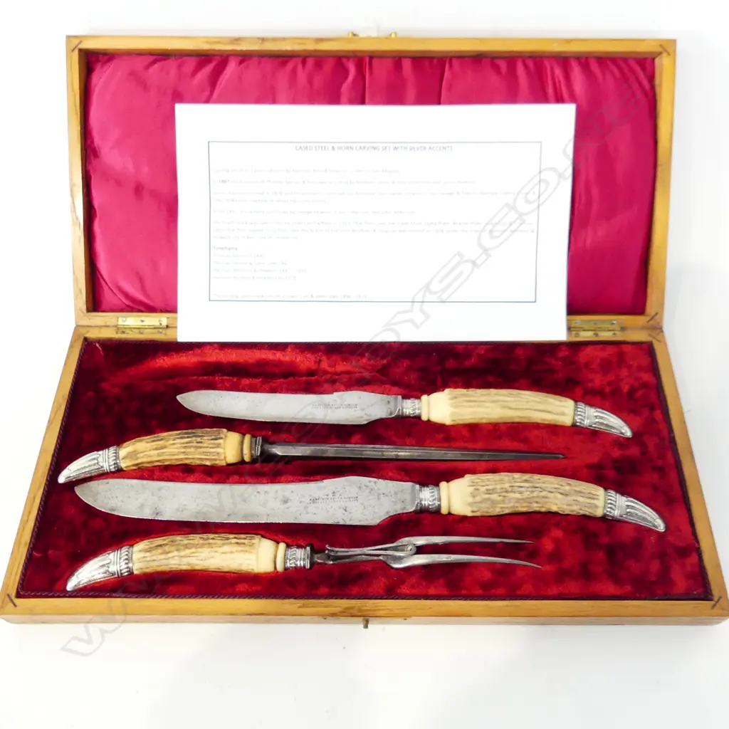 4 PCE HORN & STG SILVER CARVING SET, SHEFFIELD LATE 19thC, CASED 455x215mm Image 1++