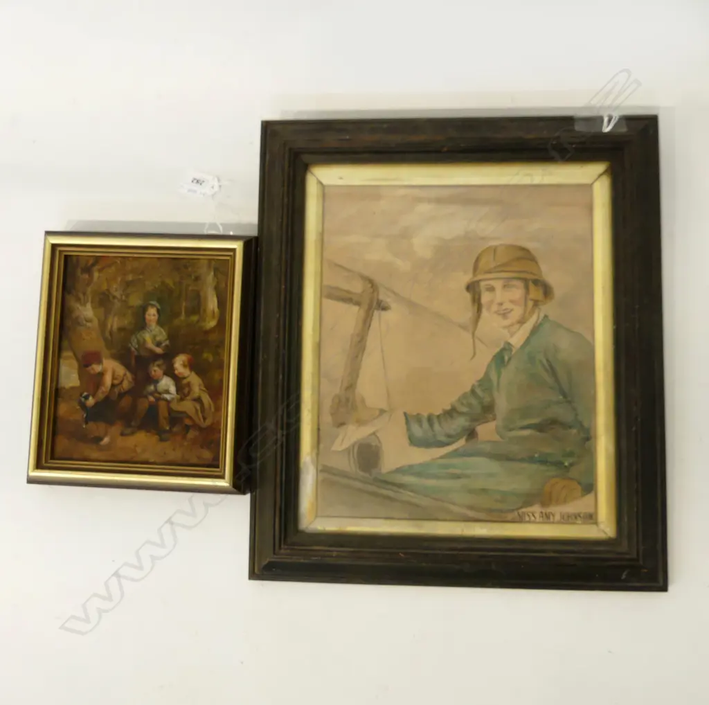 VINTAGE PAINTING 'MISS AMY JOHNSON' UNSIGNED (215x265mm) + SM 20TH C. OIL ON BOARD 'CHILDREN CHRISTENING PUPPY 140X165mm Image 1++