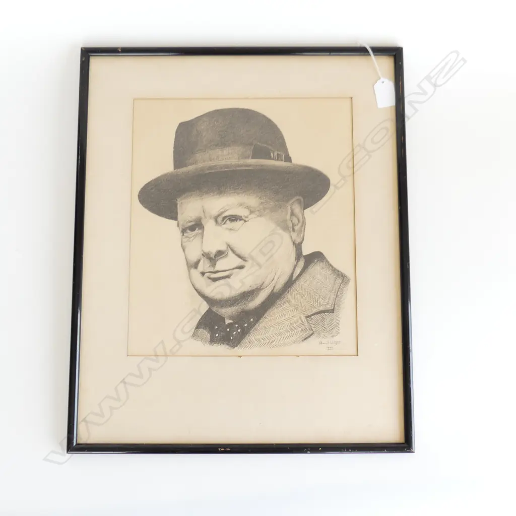 ALAN S WRIGHT PENCIL DRAWING OF WINSTON CHURCHILL SIGNED AND DATED 1940 310 X 260 MM NO GLASS IN FRAME Image 1++