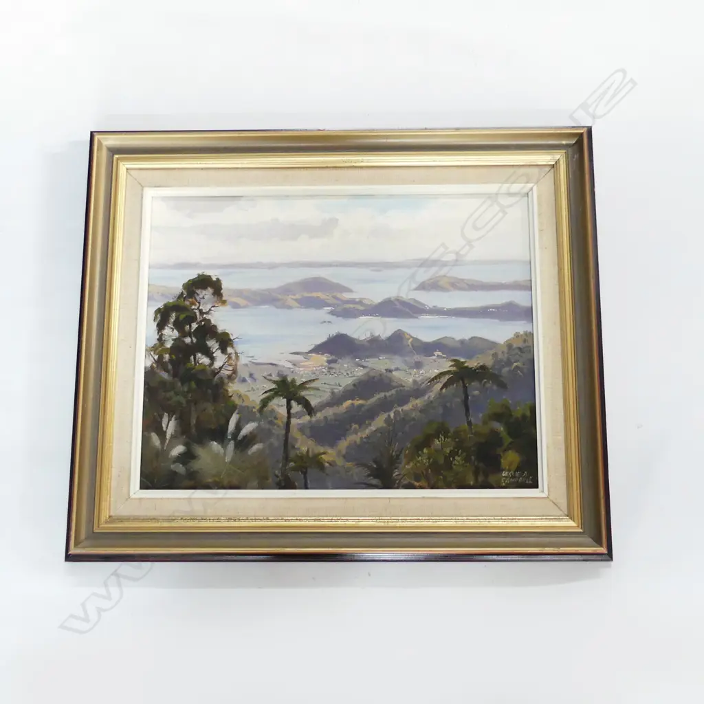 LESLIE A. CAMPBELL (b.1925) VIEW OF COROMANDEL, OIL ON BOARD 345x445mm Image 1++