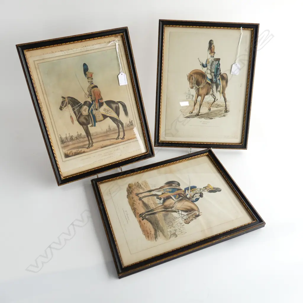 3 HAND COLOURED PRINTS; 19thC SOLDIERS ON HORSEBACK 330x240mm Image 1++