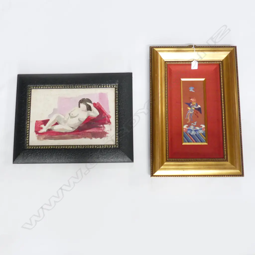 2 ARTWORKS; ORIENTAL EMBROIDERY 250x85mm, SIGNED NUDE ACRYLIC ON BOARD 230x340mm Image 1++