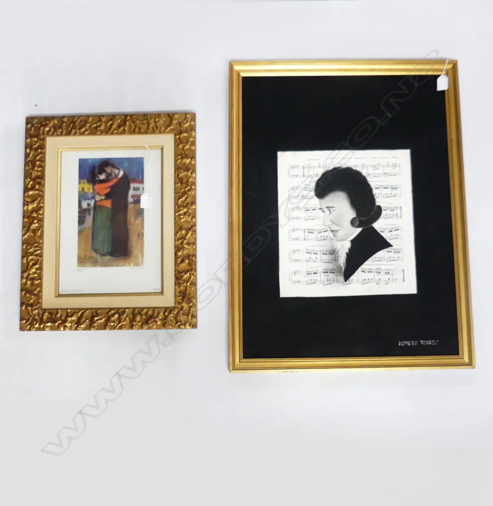 2 ARTWORKS; ROMERO TORREA CLASSICAL MUSICIAN DRAWING 665x490mm, PICASSO PRINT GILT FRAME 505x405mm overall Image 1++
