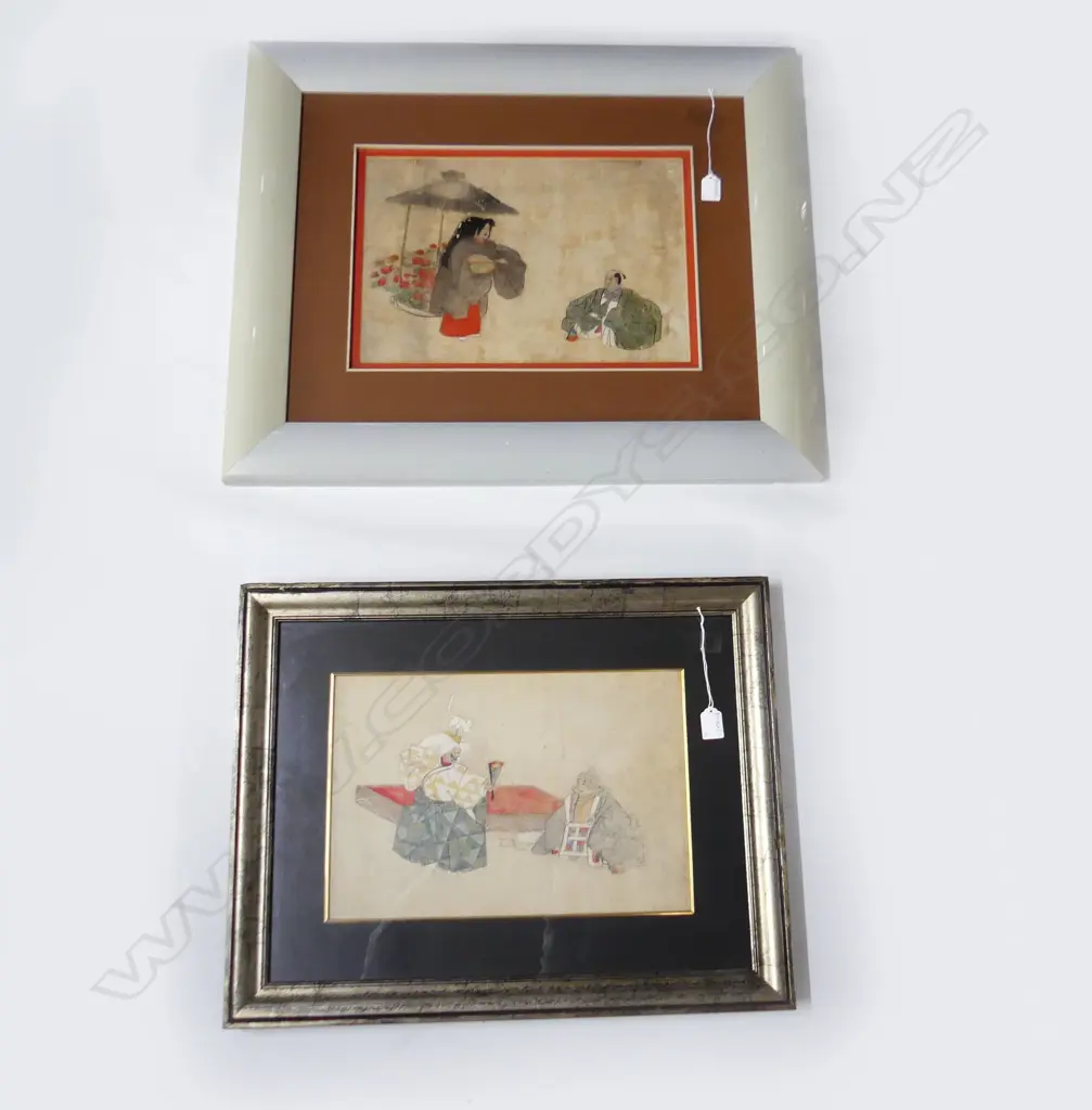 2 FRAMED ORIENTAL PRINTS; both w. 2 actor figures 280x410mm Image 1++