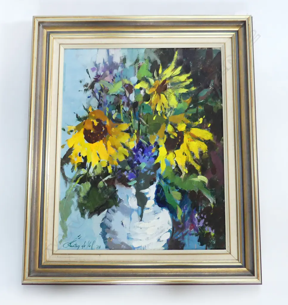 GASTON DE VEL (1924-2010) SUNFLOWERS STILL LIFE OIL ON CANVAS, '86 490x390mm Image 1++