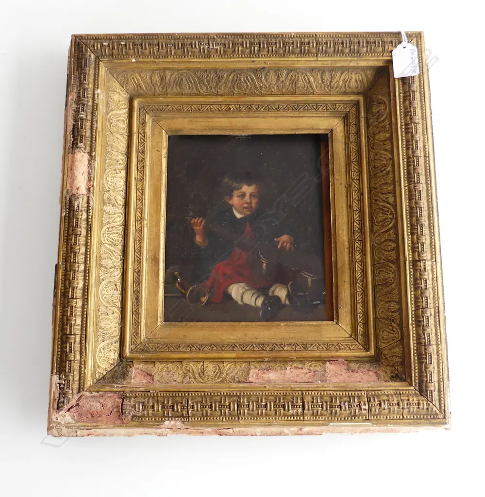 SIGNED ANTIQUE PORTRAIT OF YOUNG BOY, OIL ON METAL, GILT FRAME w. LOSSES 190x165mm Image 1++
