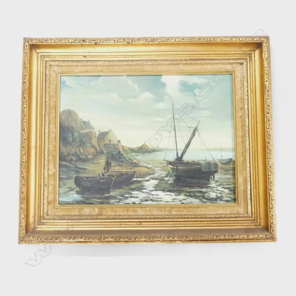 FRAMED OIL ON CANVAS EUROPEAN SCHOOL FISHING VILLAGE 310 X 390 MM Image 1++