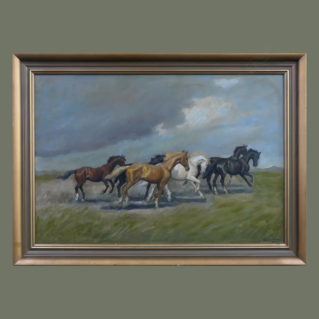 LG SIGNED ARTWORK; HORSES, OIL ON BOARD, SIGNED & DATED 1977, 910x 600mm Image 1++